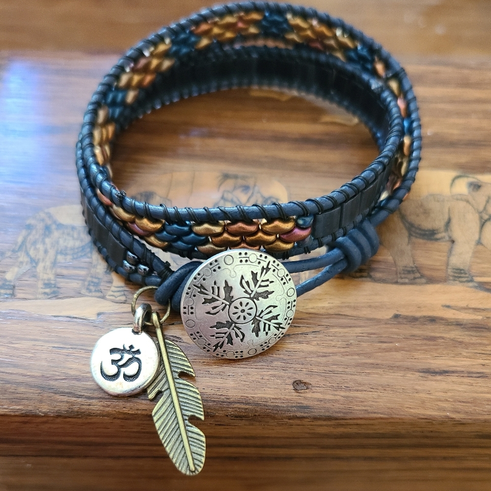 Hand Made Double Wrap Leather Beaded Bracelet